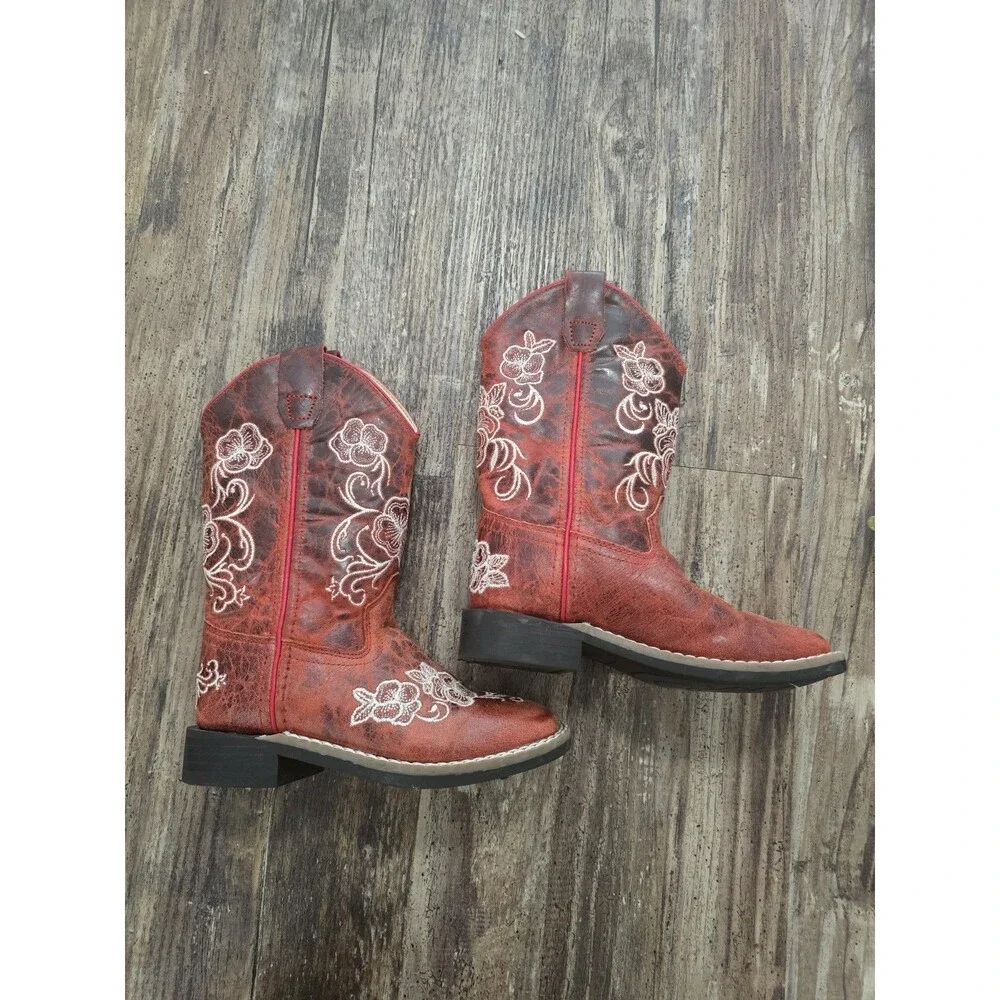 Shyanne Girls' Little Lasy Western Boots with a broad square toe and red floral